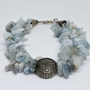 Double-Strand Blue Quartz Chip Bracelet w/ Antique Silver-Tone Accents